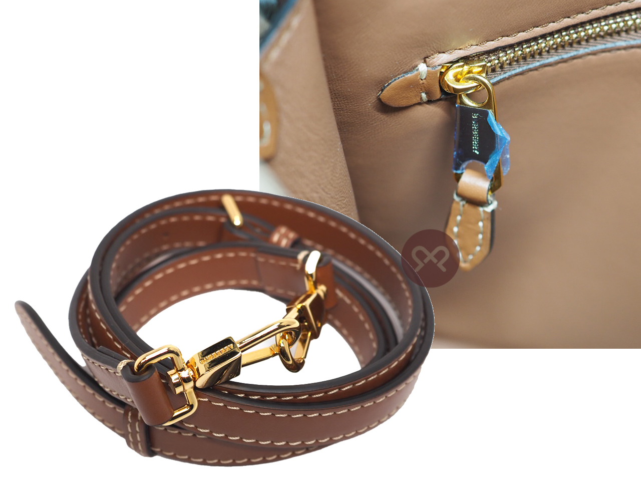 NEW ! Burberry Malt Brown Mini Topstitched Leather Pocket Bag Top Handle 2-way Bag with Strap - Image 7