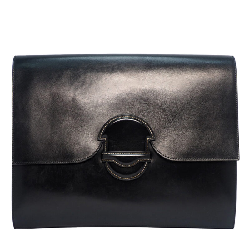 Hermes Circle R Stamp Vintage Black Box Calf Leather 35cm Briefcase/ Porte Document Envelop Clutch