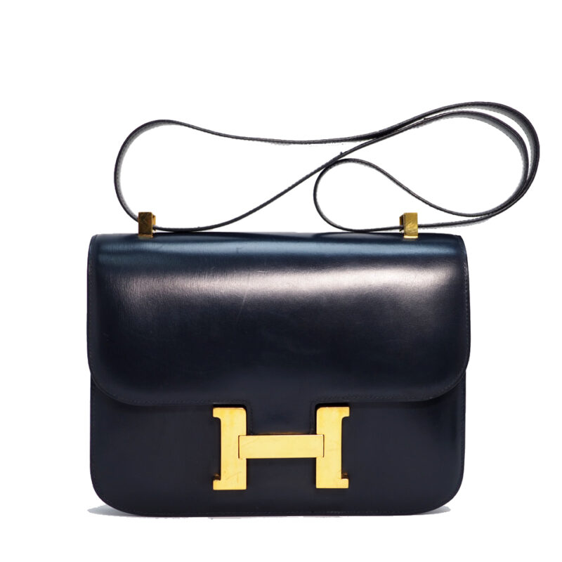 Hermes Vintage Constance 23cm Circle P Stamp Navy Blue Gold Hardware