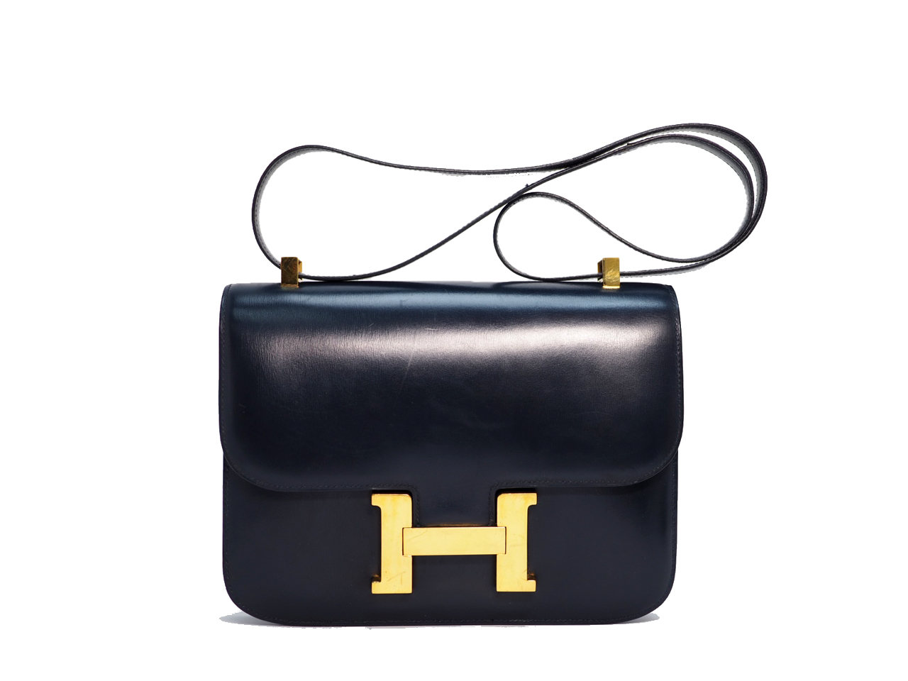 Hermes Vintage Constance 23cm Circle P Stamp Navy Blue Gold Hardware