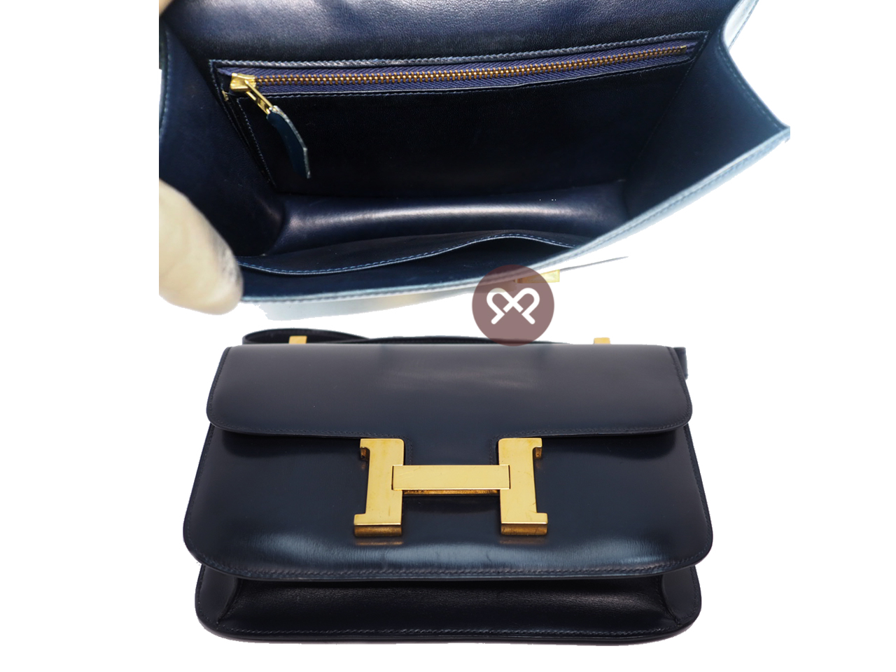 Hermes Vintage Constance 23cm Circle P Stamp Navy Blue Gold Hardware - Image 4