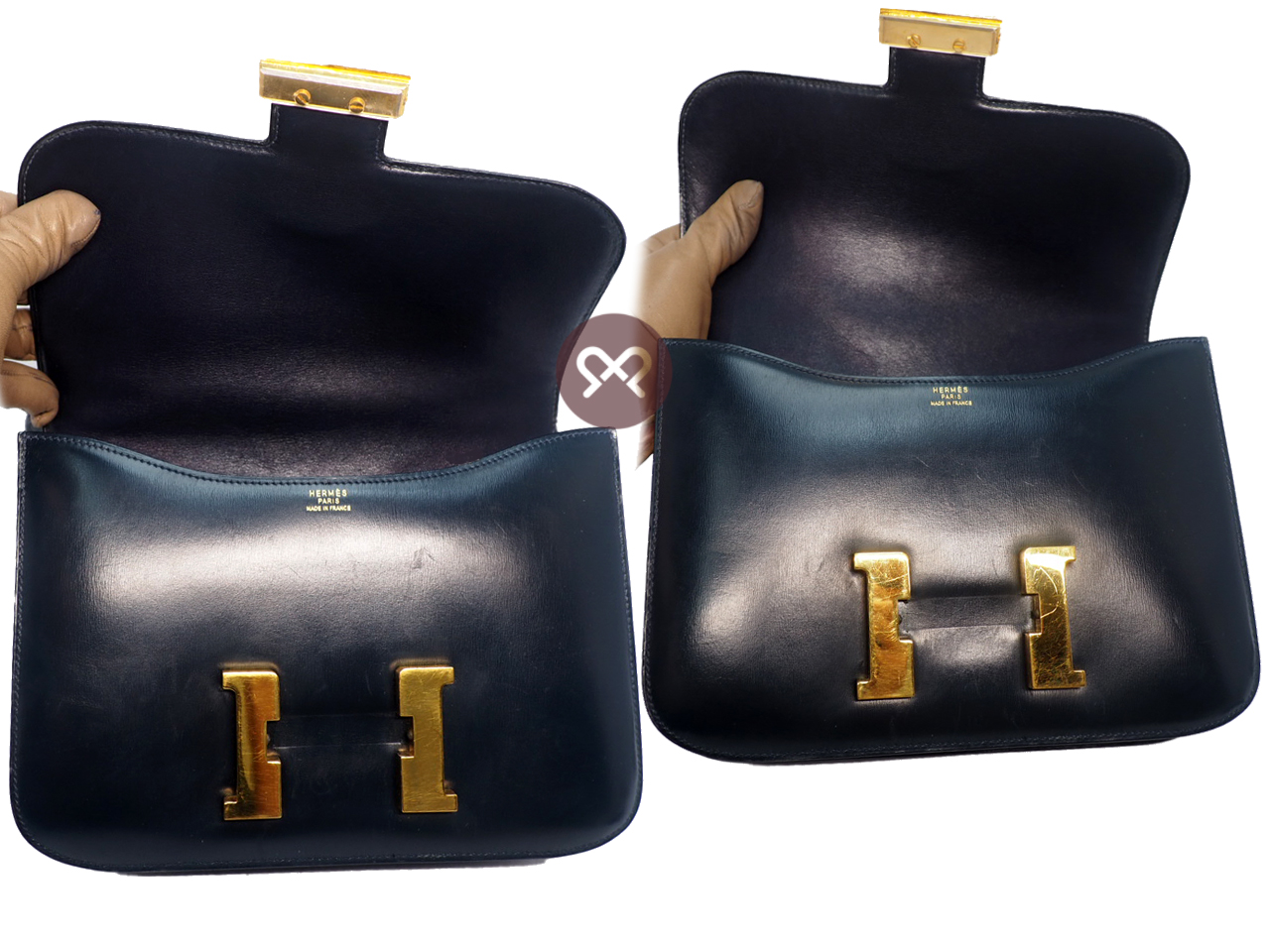 Hermes Vintage Constance 23cm Circle P Stamp Navy Blue Gold Hardware - Image 6
