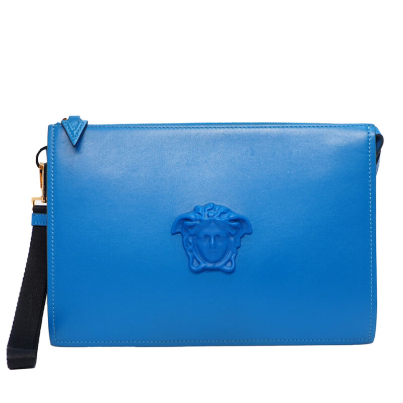 Versace Blue Calf Leather La Medusa Large Pochette/ Clutch Bag