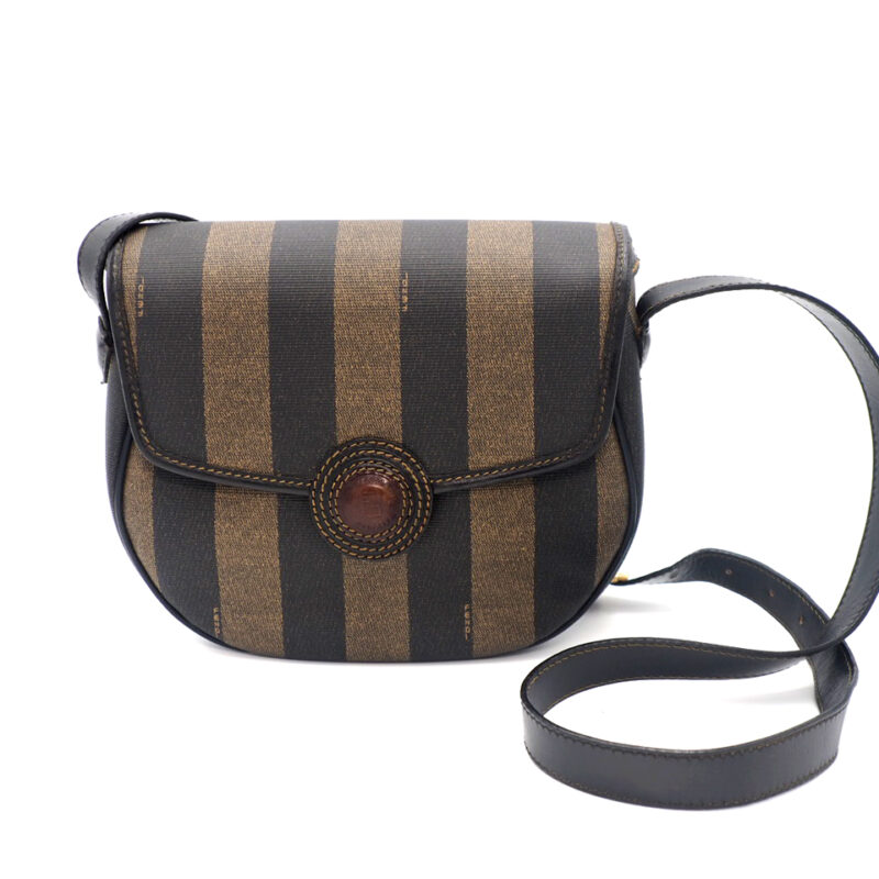 Fendi Vintage Black/ Khaki Pequin Striped Canvas Logo Top Flap Pecan Crossbody/ Messenger Bag