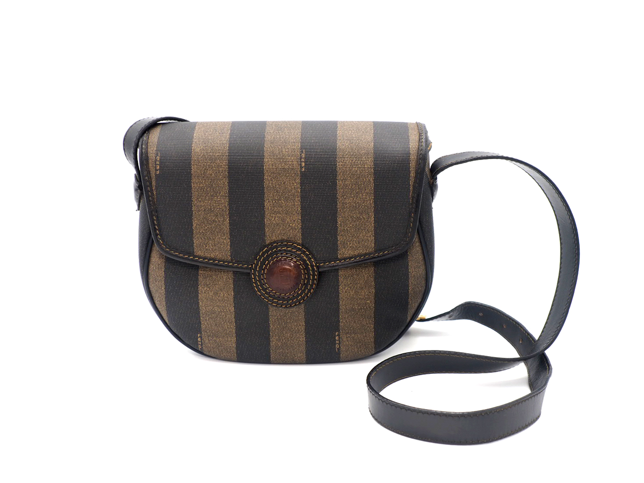 Fendi Vintage Black/ Khaki Pequin Striped Canvas Logo Top Flap Pecan Crossbody/ Messenger Bag