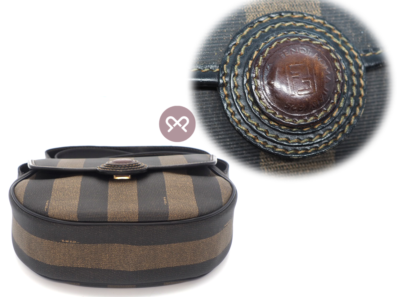 Fendi Vintage Black/ Khaki Pequin Striped Canvas Logo Top Flap Pecan Crossbody/ Messenger Bag - Image 4
