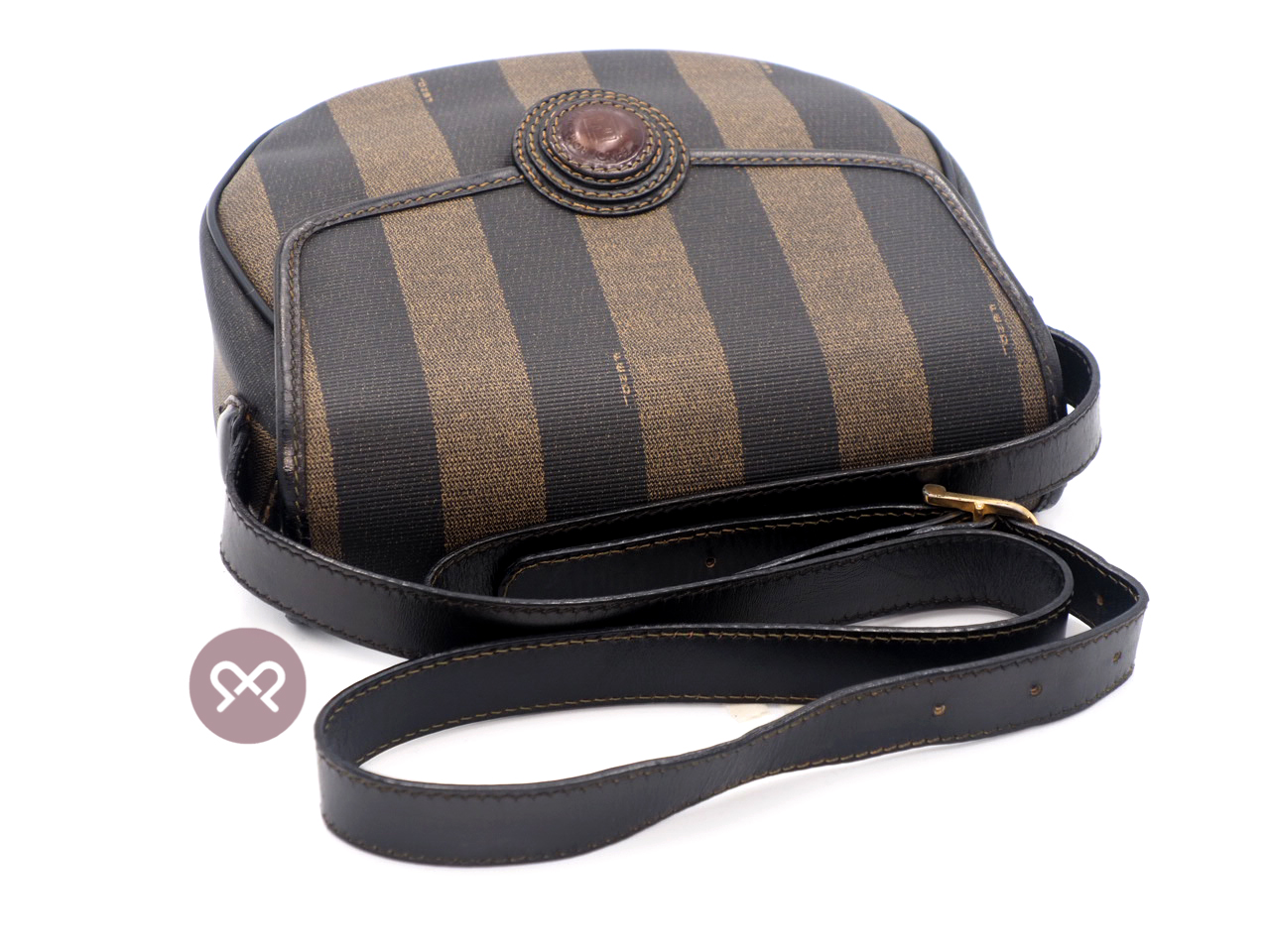 Fendi Vintage Black/ Khaki Pequin Striped Canvas Logo Top Flap Pecan Crossbody/ Messenger Bag - Image 5
