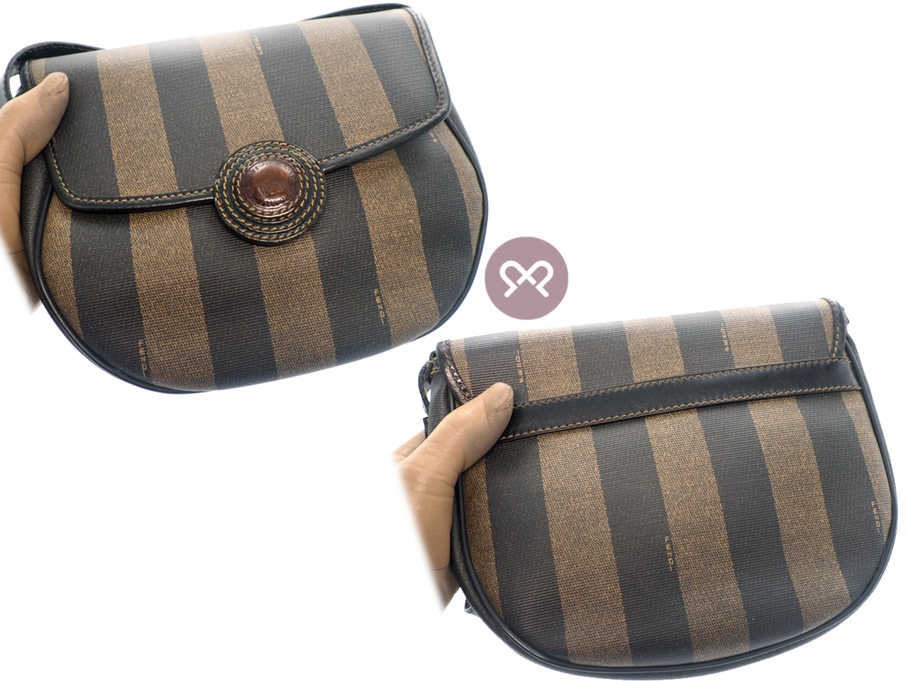 Fendi Vintage Black/ Khaki Pequin Striped Canvas Logo Top Flap Pecan Crossbody/ Messenger Bag - Image 2