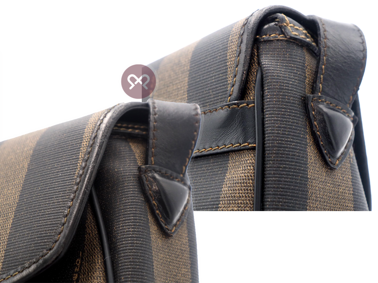 Fendi Vintage Black/ Khaki Pequin Striped Canvas Logo Top Flap Pecan Crossbody/ Messenger Bag - Image 7