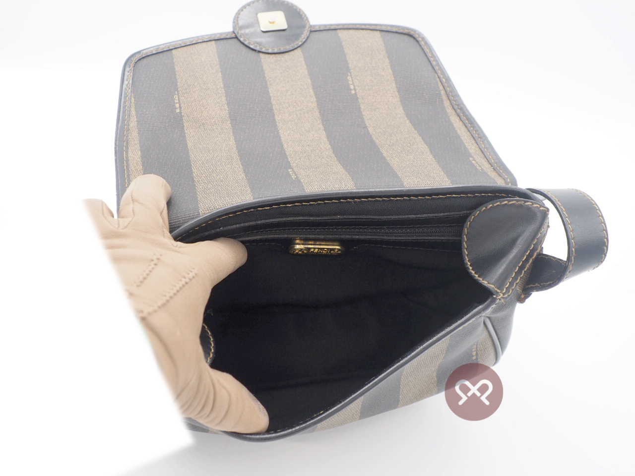 Fendi Vintage Black/ Khaki Pequin Striped Canvas Logo Top Flap Pecan Crossbody/ Messenger Bag - Image 12