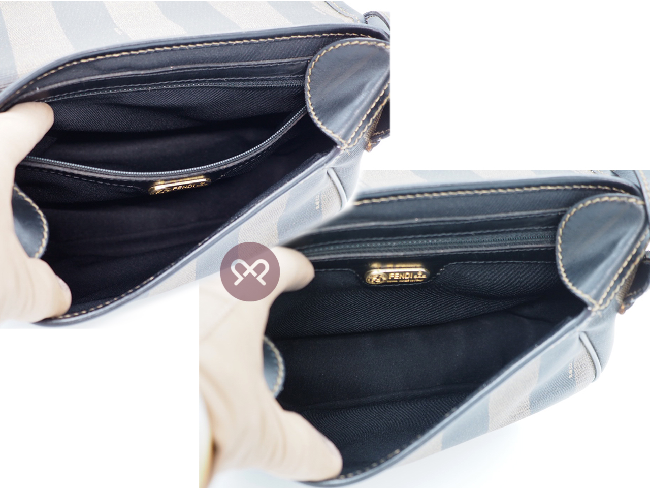 Fendi Vintage Black/ Khaki Pequin Striped Canvas Logo Top Flap Pecan Crossbody/ Messenger Bag - Image 11