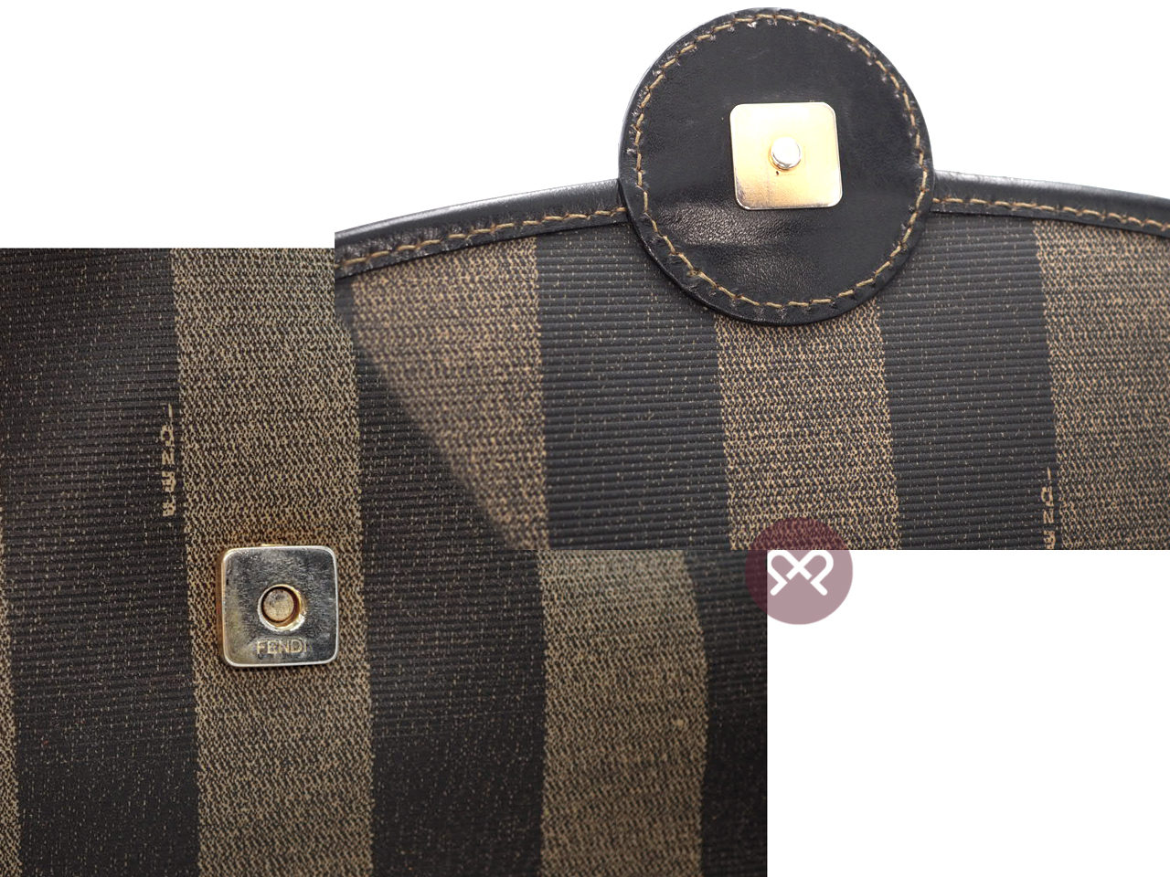 Fendi Vintage Black/ Khaki Pequin Striped Canvas Logo Top Flap Pecan Crossbody/ Messenger Bag - Image 6