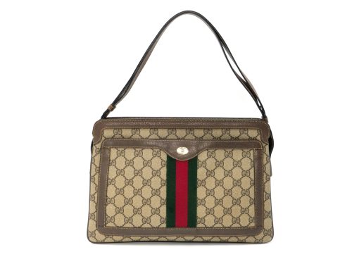 Gucci Vintage 904.02.013 Beige/Brown GG Canvas/ Leather Medium Ophidia Zip Shoulder/ Crossbody Bag