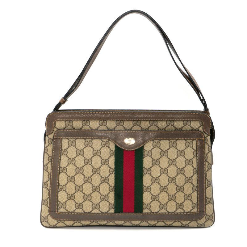 Gucci Vintage 904.02.013 Beige/Brown GG Canvas/ Leather Medium Ophidia Zip Shoulder/ Crossbody Bag
