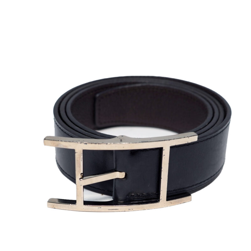Hermes Square J Stamp 90cm Quentin Reversible Belt Black/ Ebene Silver Buckle (FI0163)