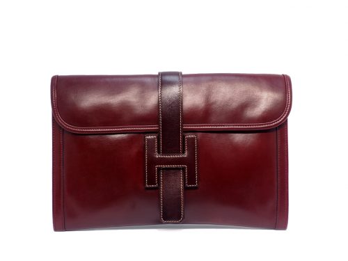 Hermes 29cm Vintage Bordeaux/ Wine Box Calf Leather L Circle Stamp Jige Clutch