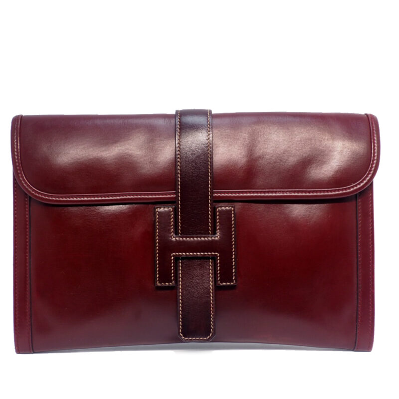 Hermes 29cm Vintage Bordeaux/ Wine Box Calf Leather L Circle Stamp Jige Clutch