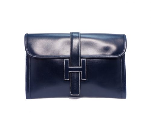 Hermes Navy Blue Vintage Circle J Stamp Box Calf Leather 29cm Jige Clutch