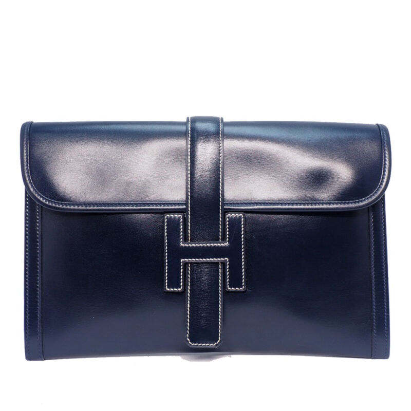 Hermes Navy Blue Vintage Circle J Stamp Box Calf Leather 29cm Jige Clutch
