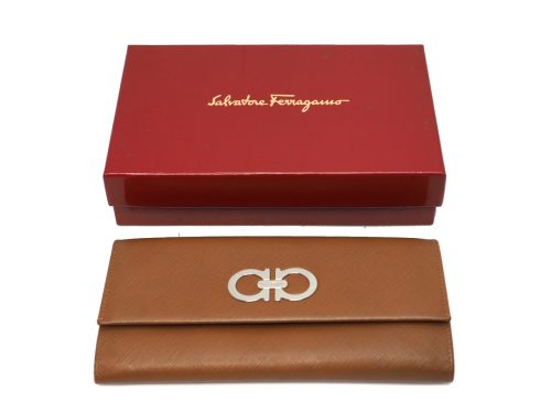 Ferragamo JP-22-7121 Brown/ Camel GANCINI Printed Calf Long Wallet