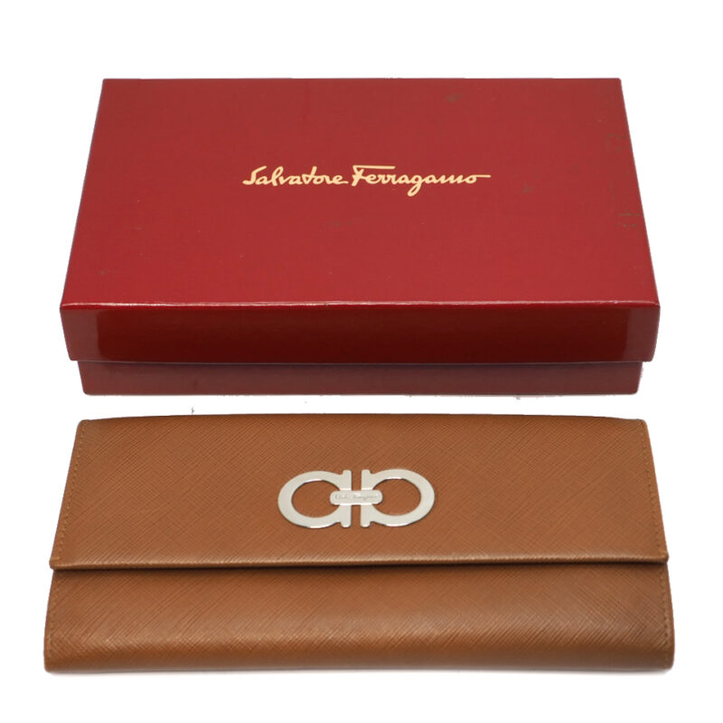 Ferragamo JP-22-7121 Brown/ Camel GANCINI Printed Calf  Long Wallet