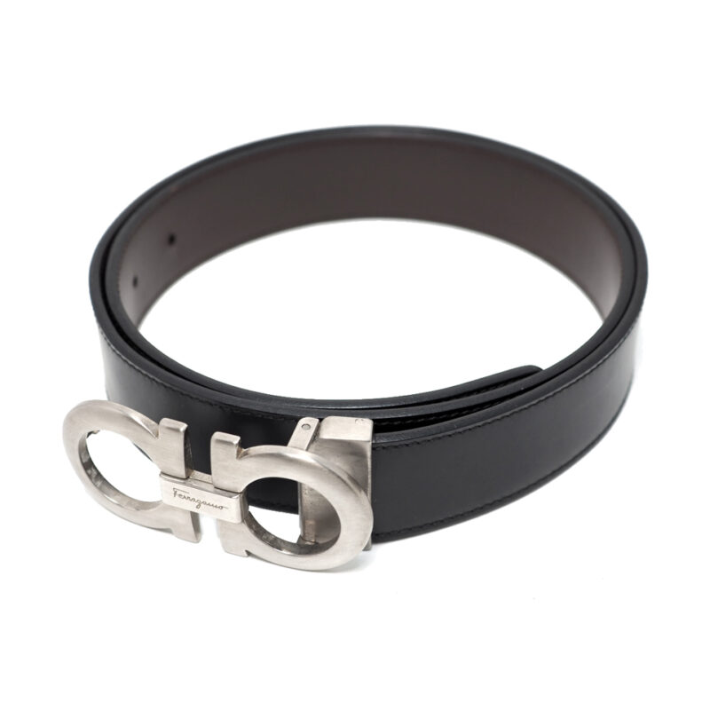 Ferragamo Men 35mm Brown/ Black Leather Reversible and Adjustable Gancini Belt Ruthenium Hardware (85-95cm)