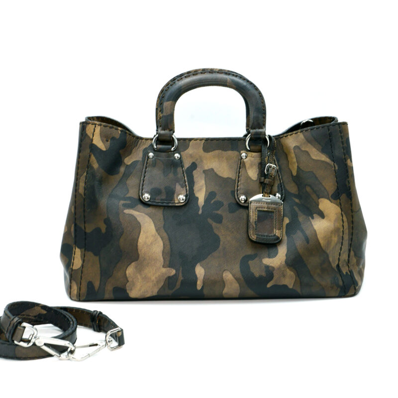 Prada BN1889 Green/ Khaki Camouflage Saffiano Leather Mimetico 2- way Gym/ Weekend bag