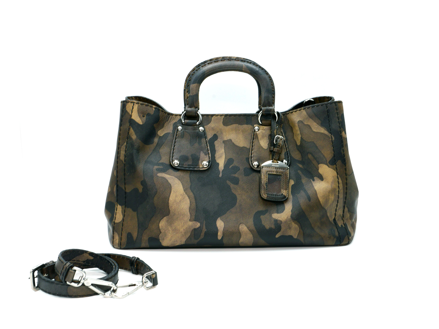 Prada BN1889 Green/ Khaki Camouflage Saffiano Leather Mimetico 2- way Gym/ Weekend bag