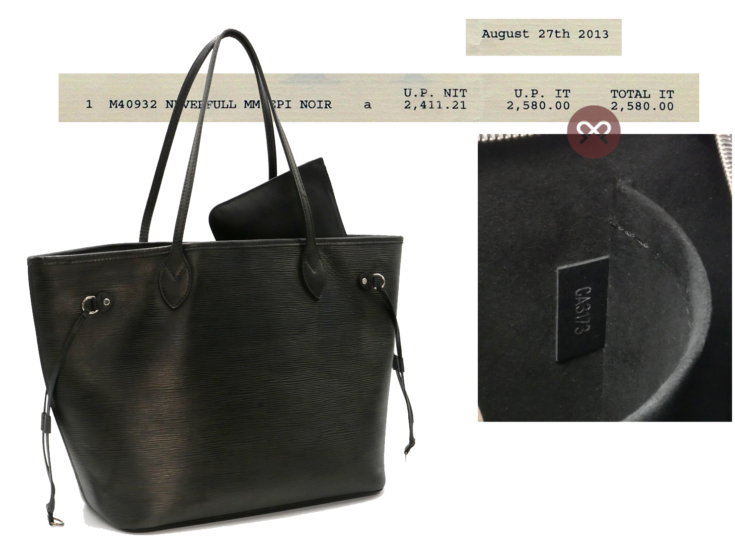 Louis Vuitton Black Epi Leather Neverfull MM Tote Bag (CA3173) with Pouch & Receipt - Image 2
