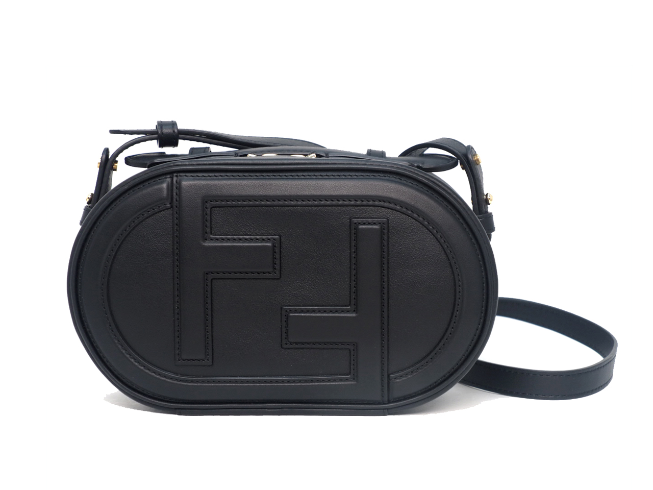 Fendi 8BS058 Black Soft Calf Leather FF O’Lock Mini Camera Case 3-Way Bag