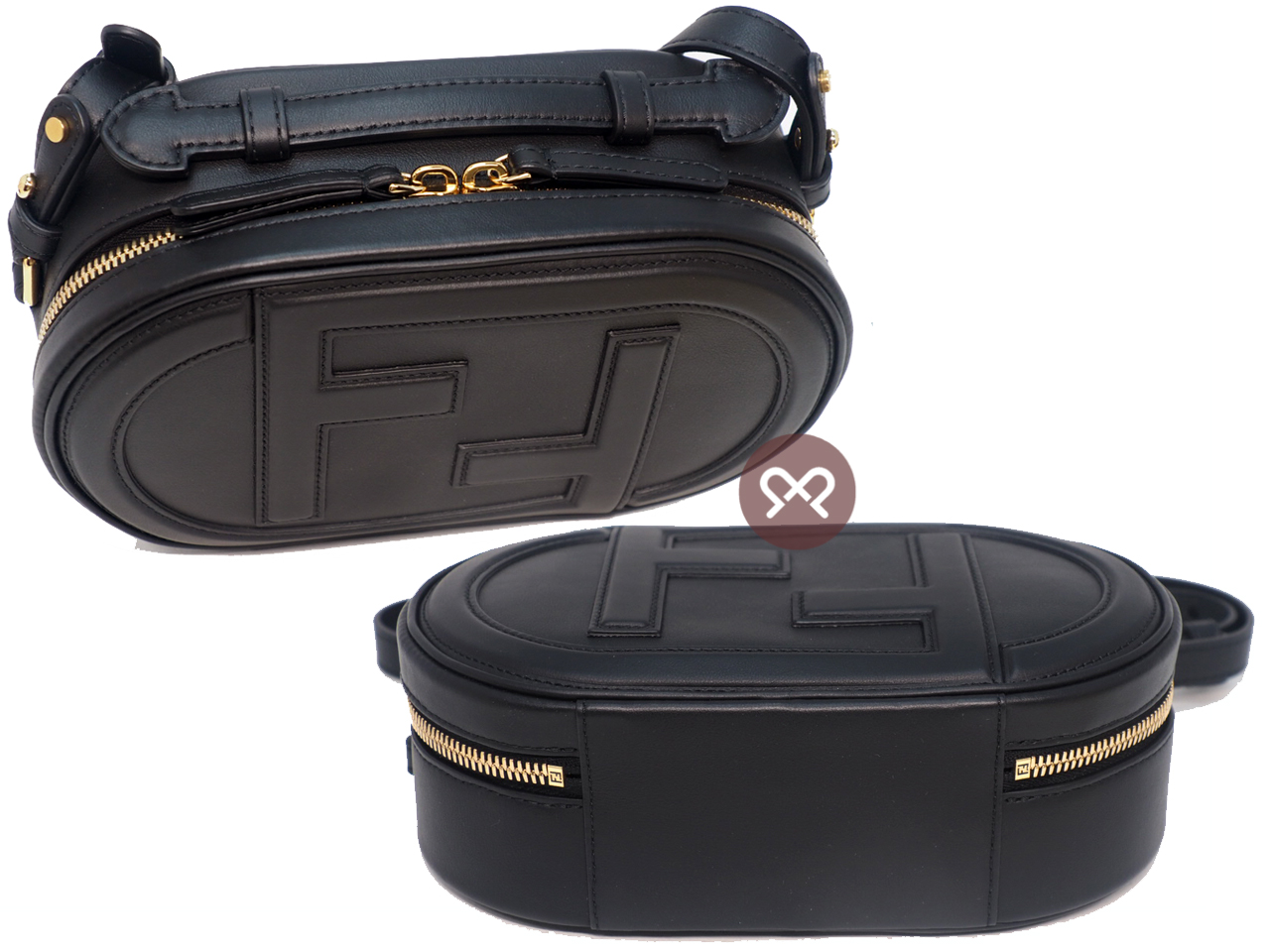 Fendi 8BS058 Black Soft Calf Leather FF O’Lock Mini Camera Case 3-Way Bag - Image 4