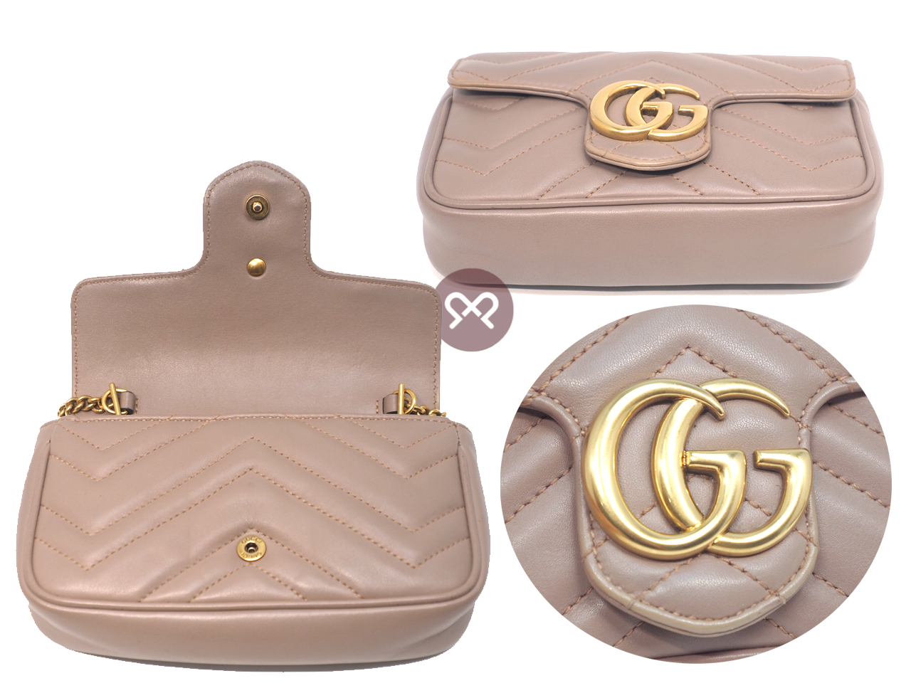 Gucci 476433 Dusty Pink Leather GG Marmont Matelassé Leather Super Mini Bag - Image 7