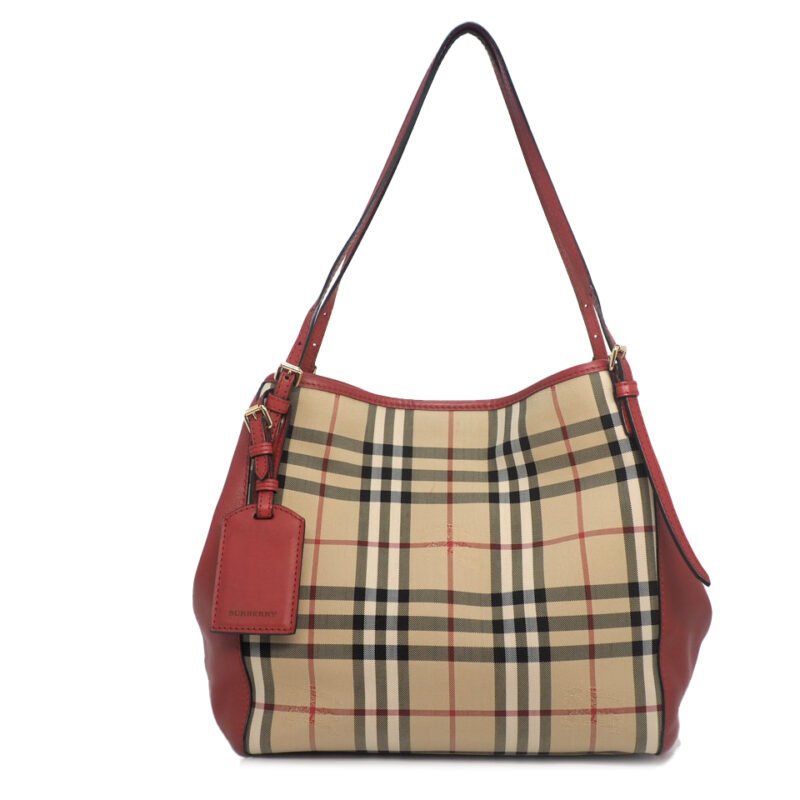 Burberry Red Leather Haymarket Check Coated Canvas Canterbury Shopping Tote Bag