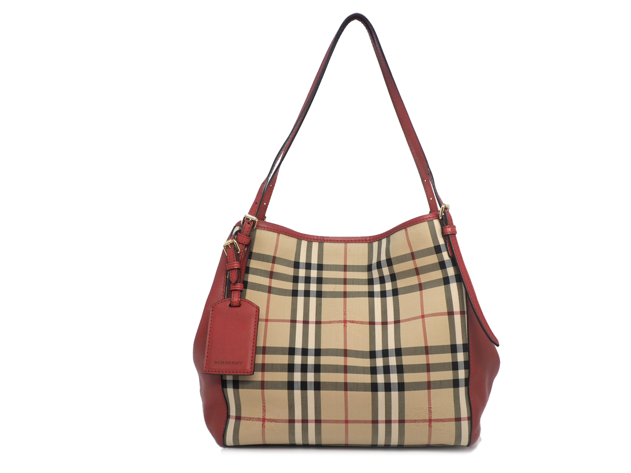 Burberry Red Leather Haymarket Check Coated Canvas Canterbury Shopping Tote Bag