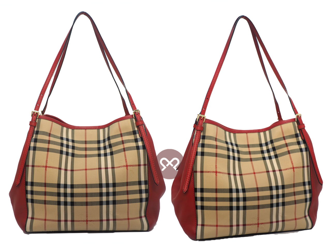 Burberry Red Leather Haymarket Check Coated Canvas Canterbury Shopping Tote Bag - Image 3