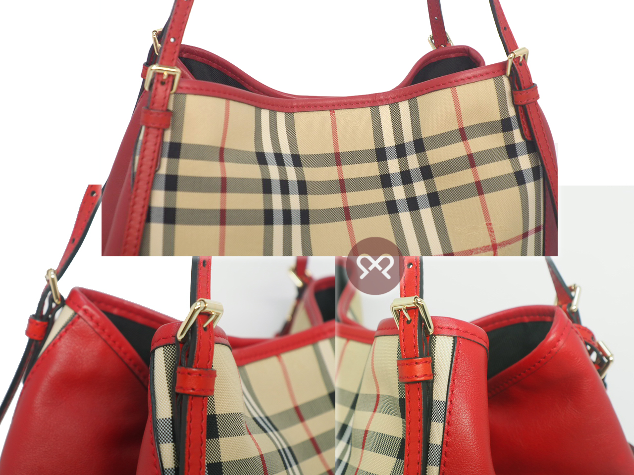 Burberry Red Leather Haymarket Check Coated Canvas Canterbury Shopping Tote Bag - Image 4
