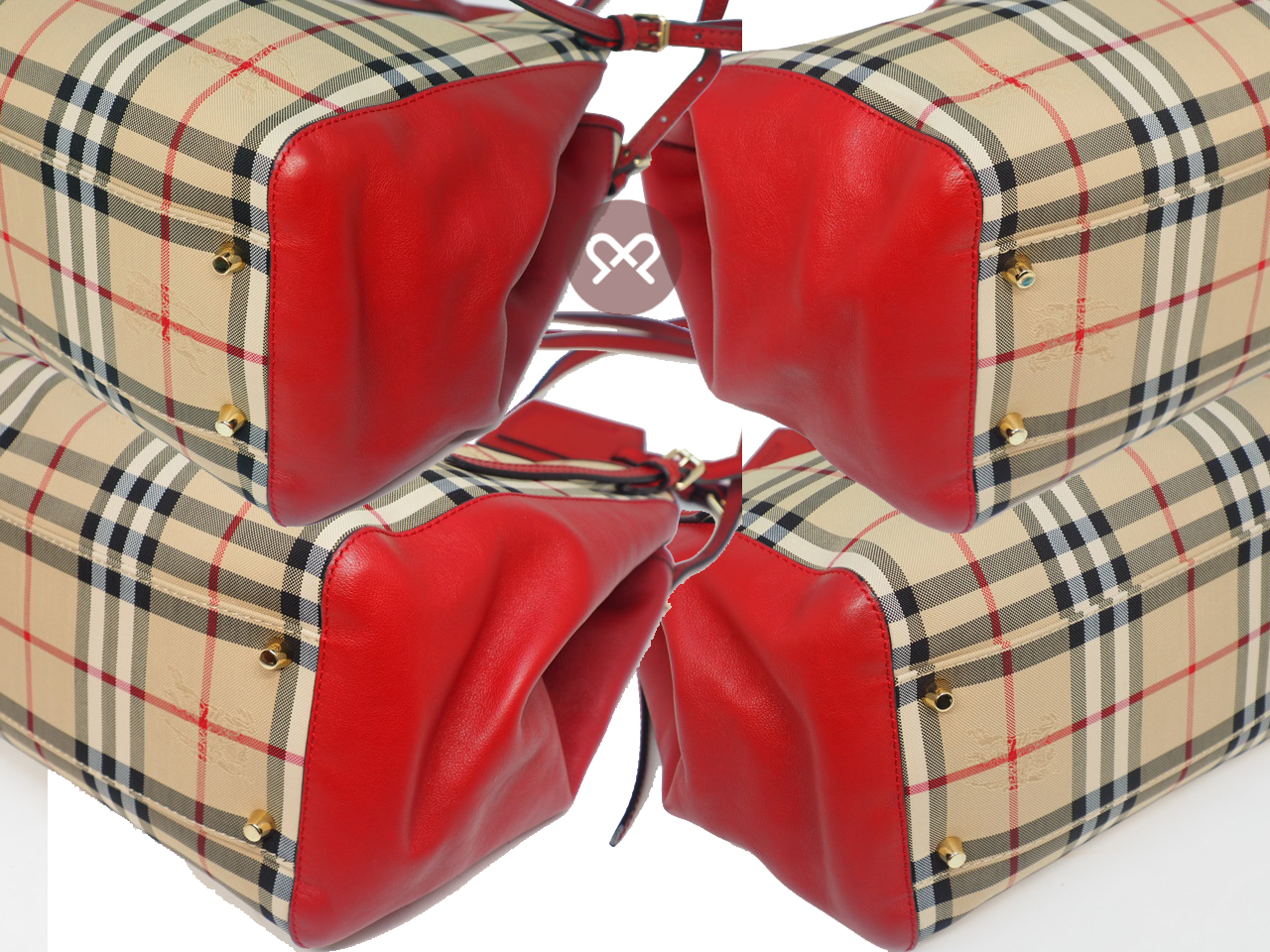 Burberry Red Leather Haymarket Check Coated Canvas Canterbury Shopping Tote Bag - Image 6