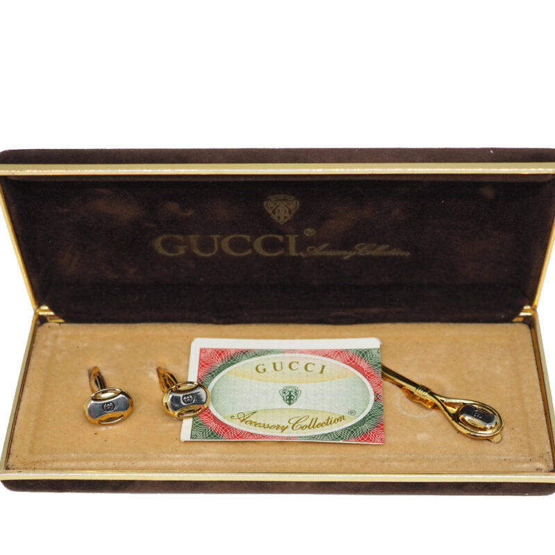 Gucci Vintage Interlocking GG Gold/ Silver Cufflink Tie Clip Set Accessories