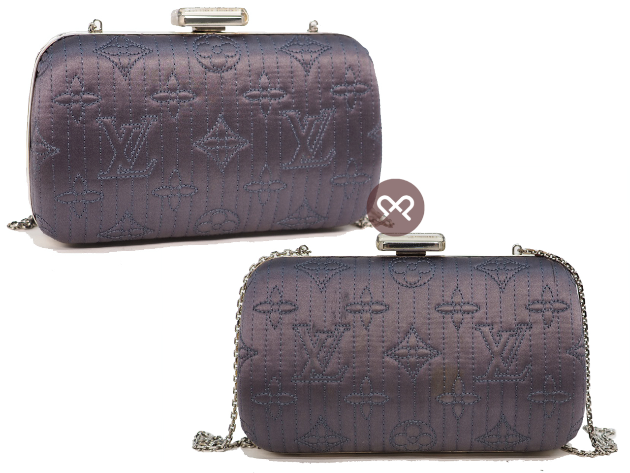 Limited Edition ! Louis Vuitton M95802 Grey Navy Minaudière Chain Monogram Chrome Motard Clutch/ Crossbody Bag - Image 3