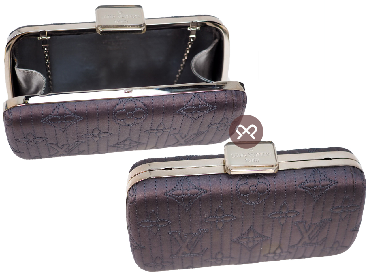 Limited Edition ! Louis Vuitton M95802 Grey Navy Minaudière Chain Monogram Chrome Motard Clutch/ Crossbody Bag - Image 7
