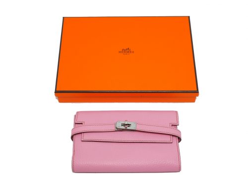 Hermes Square Q Stamp Pink Mysore Leather Kelly Compact Wallet Palladium Hardware