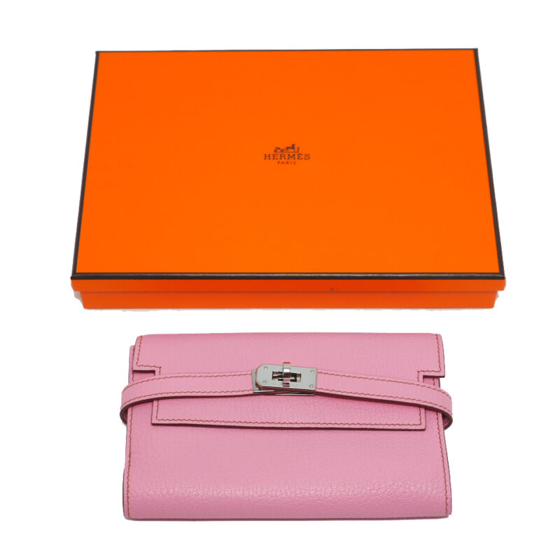 Hermes Square Q Stamp Pink Mysore Leather Kelly Compact Wallet Palladium Hardware