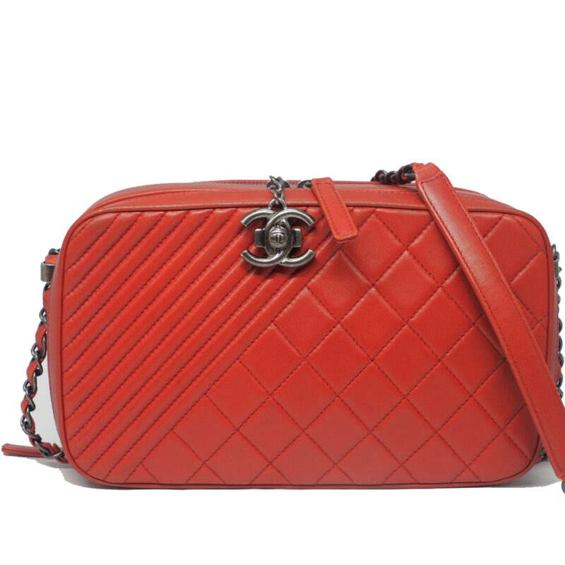 Chanel A92656 Red Lambskin Quilted Coco Boy Camera Bag Ruthenium Hardware