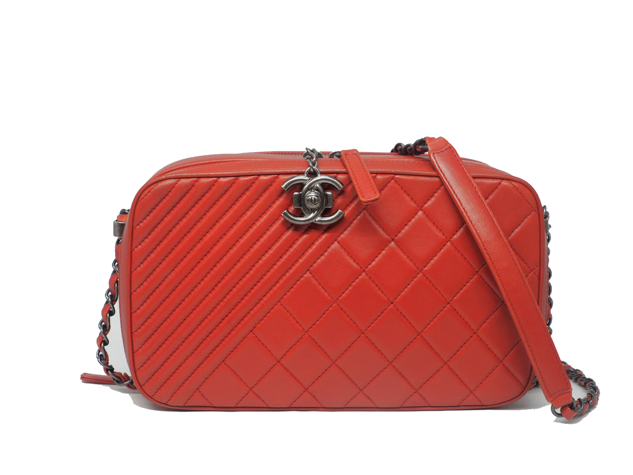 Chanel A92656 Red Lambskin Quilted Coco Boy Camera Bag Ruthenium Hardware