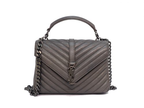 YSL Saint Laurent 428056 Grey College Medium Quilted Textured-Leather Shoulder Bag