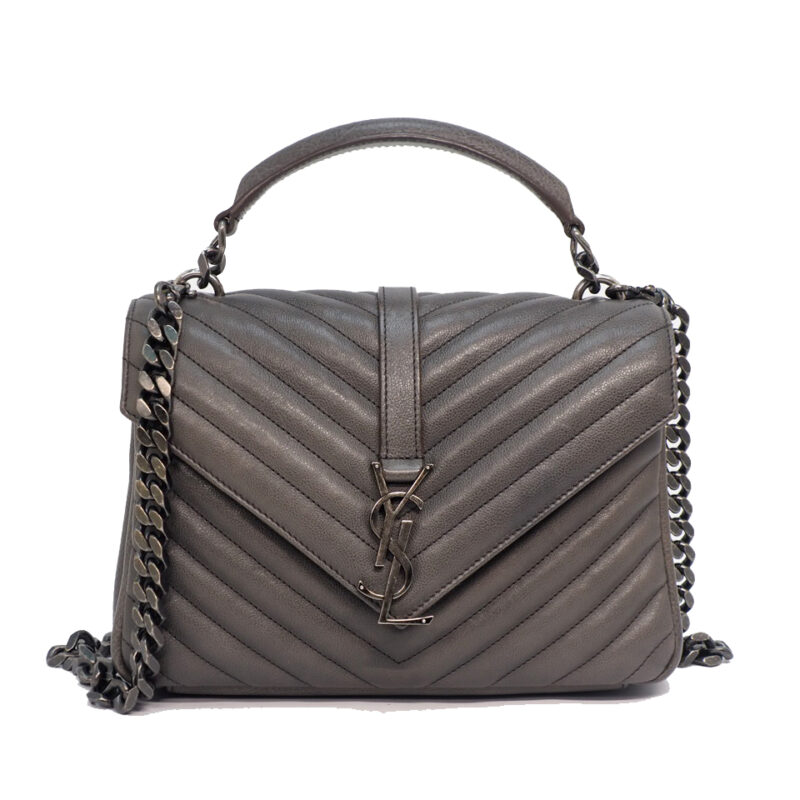 YSL Saint Laurent 428056 Grey College Medium Quilted Textured-Leather Shoulder Bag