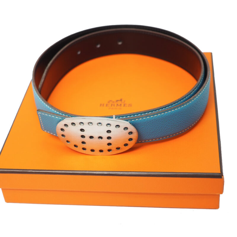 Hermes 32mm Perforated H Brushed Silver Buckle J Stamp Reversible Belt 85cm