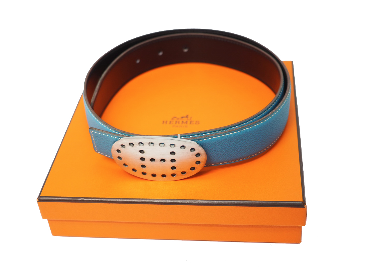 Hermes 32mm Perforated H Brushed Silver Buckle J Stamp Reversible Belt 85cm