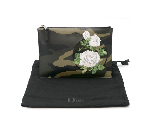Christine Dior Limited Edition Camouflage Canvas / Rose Motif Floral Embroidery Pouch/ Clutch