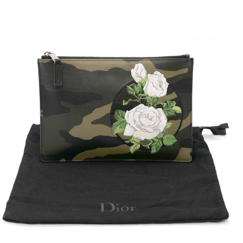 Christine Dior Limited Edition Camouflage Canvas / Rose Motif Floral Embroidery Pouch/ Clutch